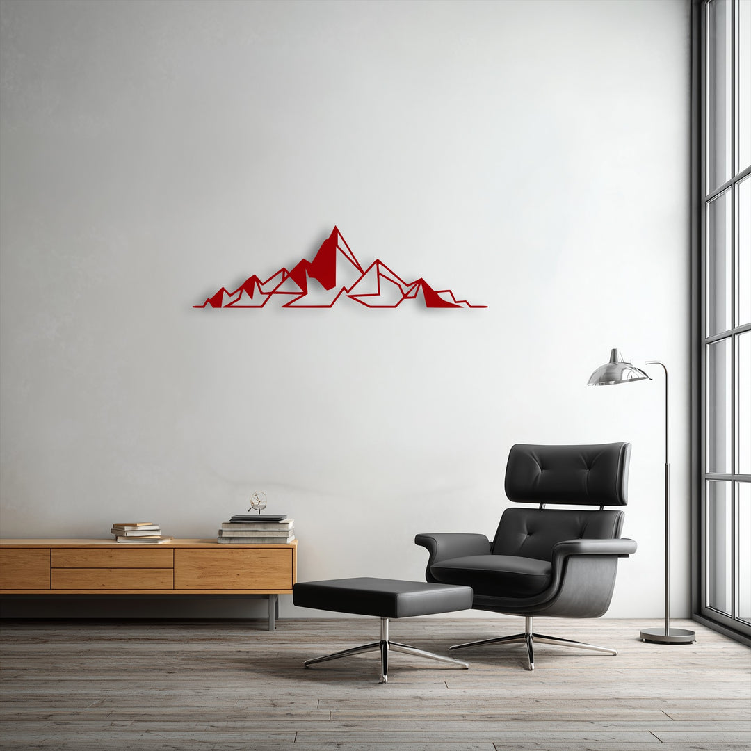A vibrant red abstract mountain line metal wall art stands out as the focal decorative metal art on the crisp white wall.