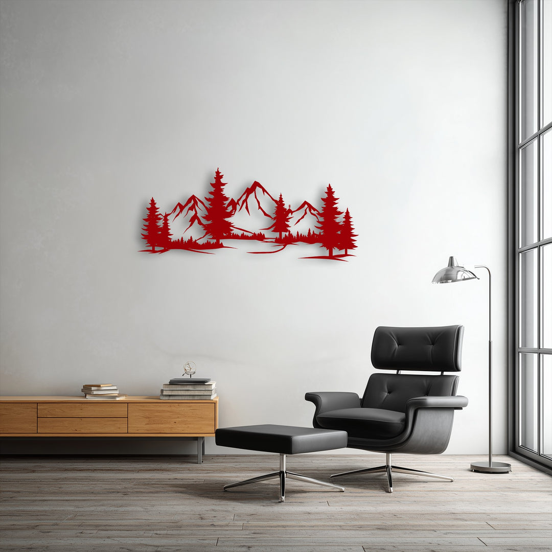 Bold red mountain forest landscape metal wall decor showcasing a serene nature panorama.