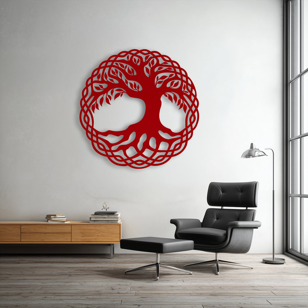 The vibrant red hue of an intricate Celtic Tree of Life circle decorative metal art piece dominates this modern room scene.