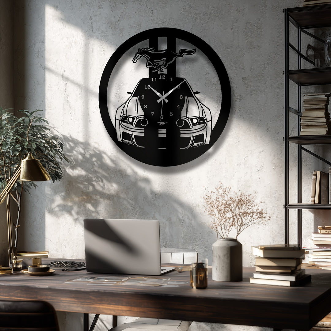 Featuring intersecting circles and lines, this decorative metal art wall clock showcases the geometric precision of a wild mustang muscle car design.