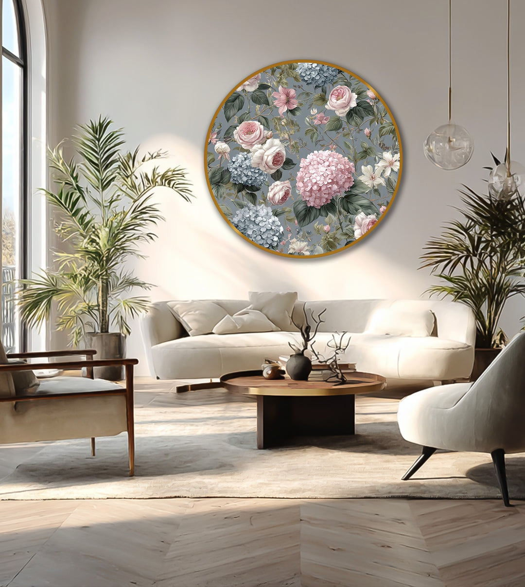Shadows dance across this round oil painting home decor featuring vintage garden roses and hydrangeas, softly illuminating the romantic floral artwork.