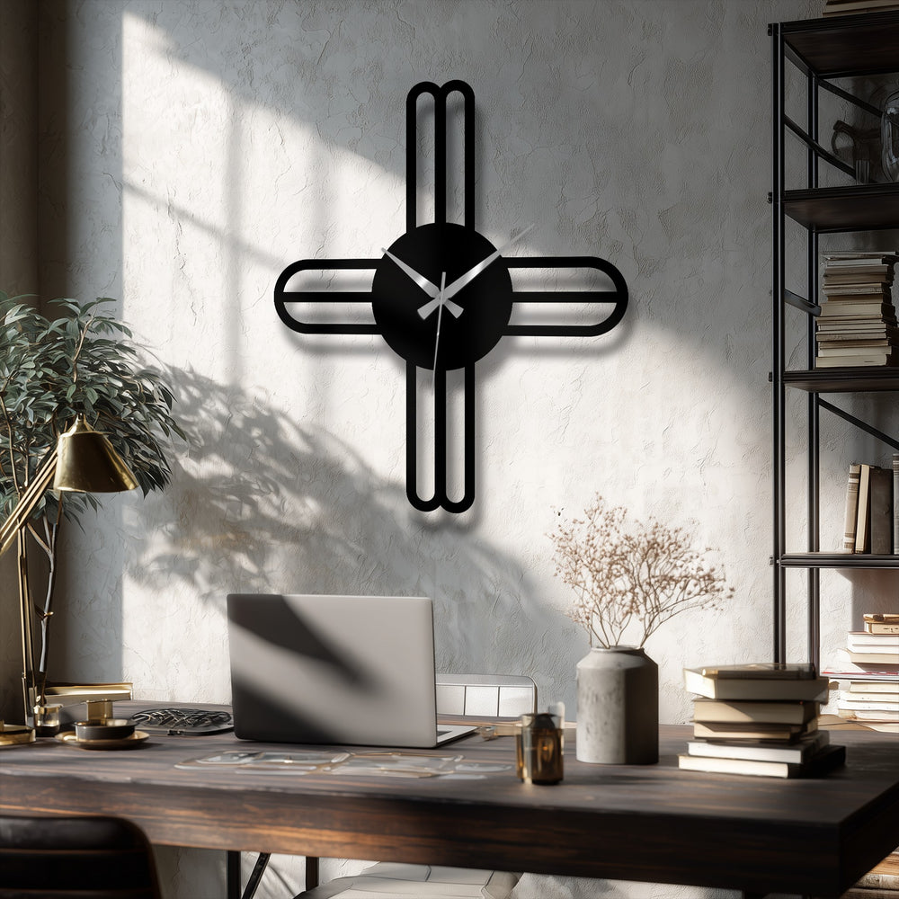 The stillness of the minimalist cross line, reflected in the quiet metal art for wall clock's design, highlights the elegant lines of modern decor.