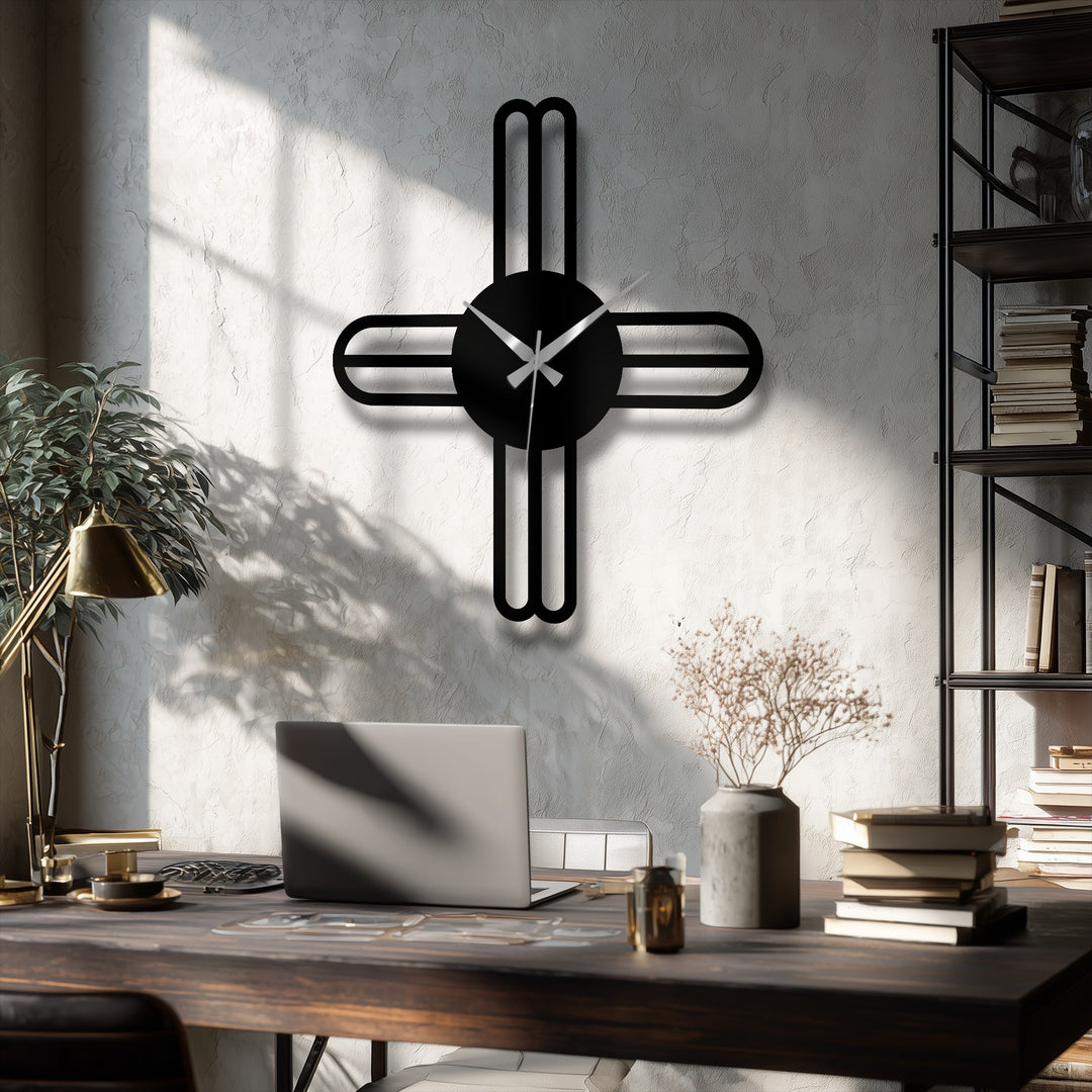 The stillness of the minimalist cross line, reflected in the quiet metal art for wall clock's design, highlights the elegant lines of modern decor.