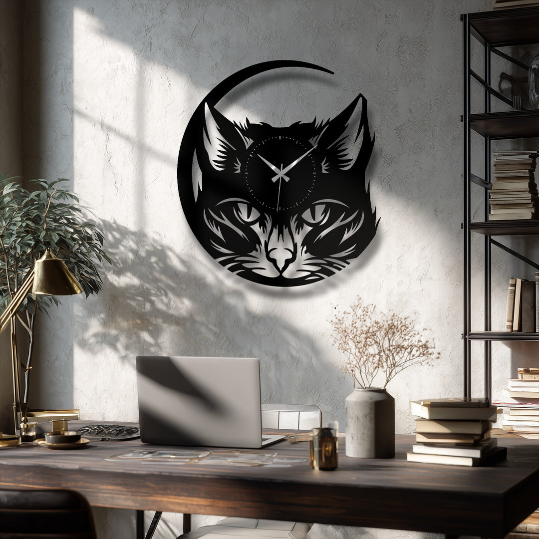 Subdued color saturation enhances the sleek, black mystic fox face metal art for wall clock's modern animal design, set against a neutral backdrop with warm light.