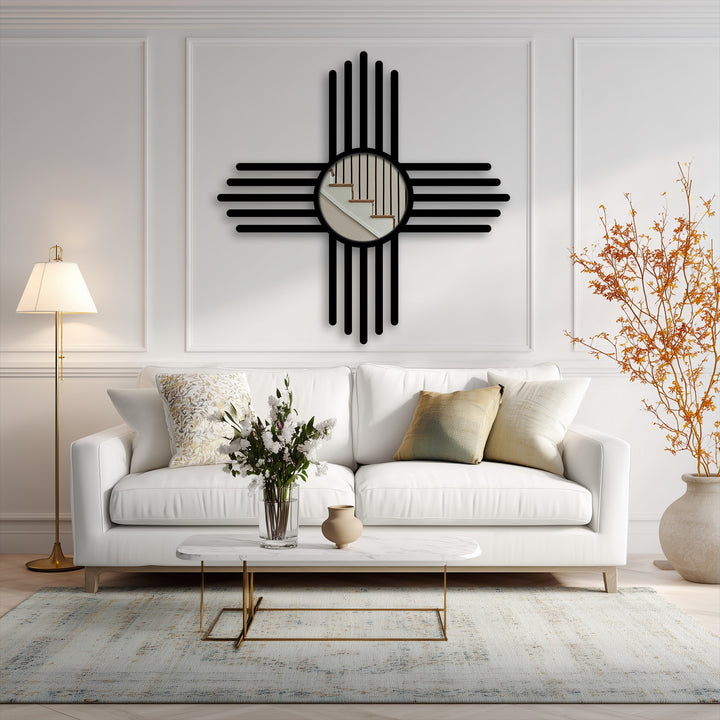 The striking minimal cross line floor mirror, an artistic black metal framed bathroom mirror, serves as the central subject.