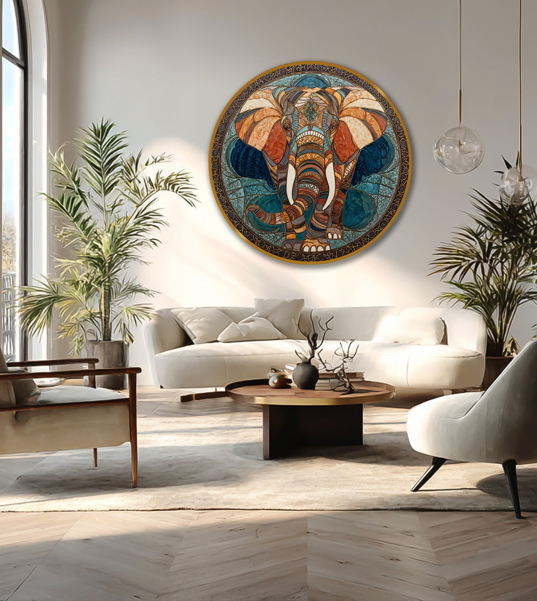 Celebrating organic forms, this round oil painting decoration depicts a geometric elephant encircled by a lotus design, emanating a serene yet majestic presence.