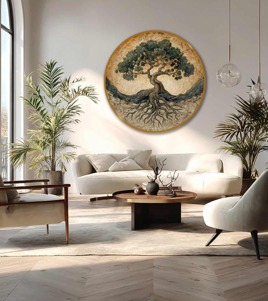 earthy tree of life round painting