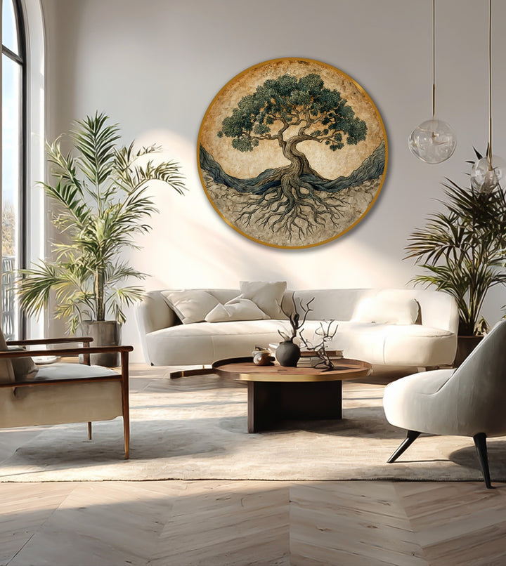 earthy tree of life round painting