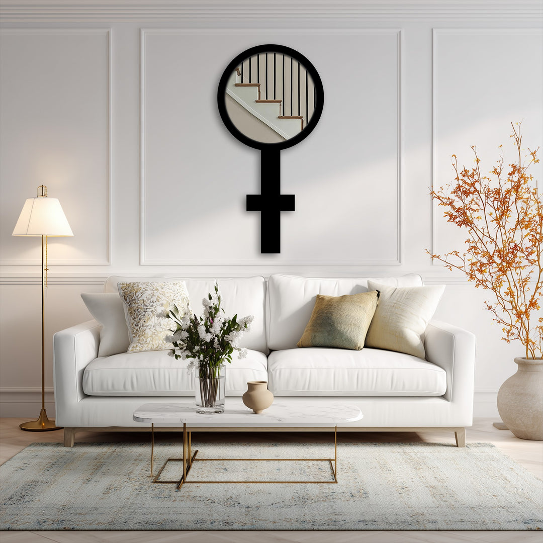 Featuring a unique border design, this symbolic floor mirror for wall decor is framed with a sleek black edge, adding a modern touch to its distinctive shape.