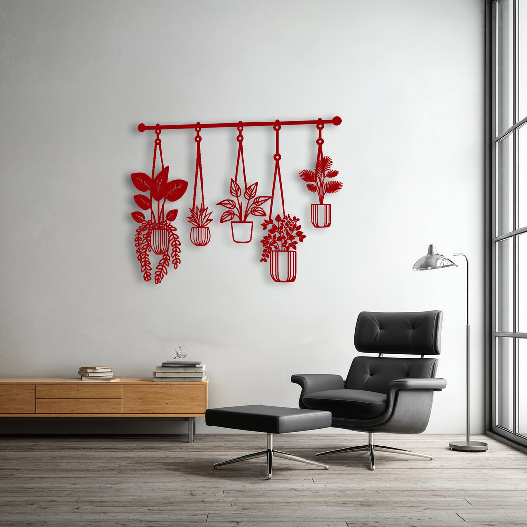 The striking red metal decoration wall art features five distinct stylized hanging botanical plants on a horizontal bar, adding modern charm.
