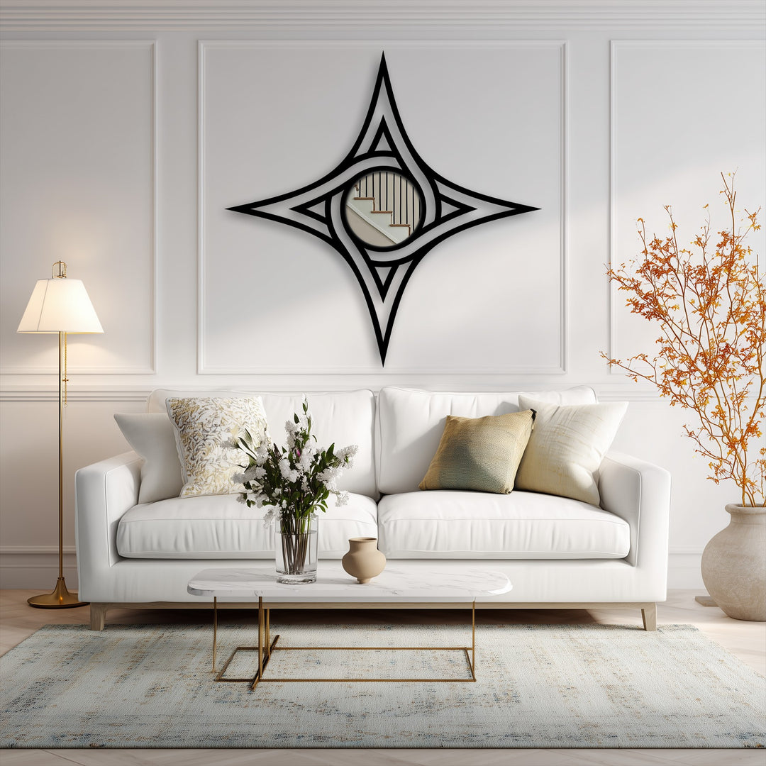 Detailed surface texture highlights the sleek, black finish of the star frame mirror for wall decor, adding a modern touch to the room's aesthetic.