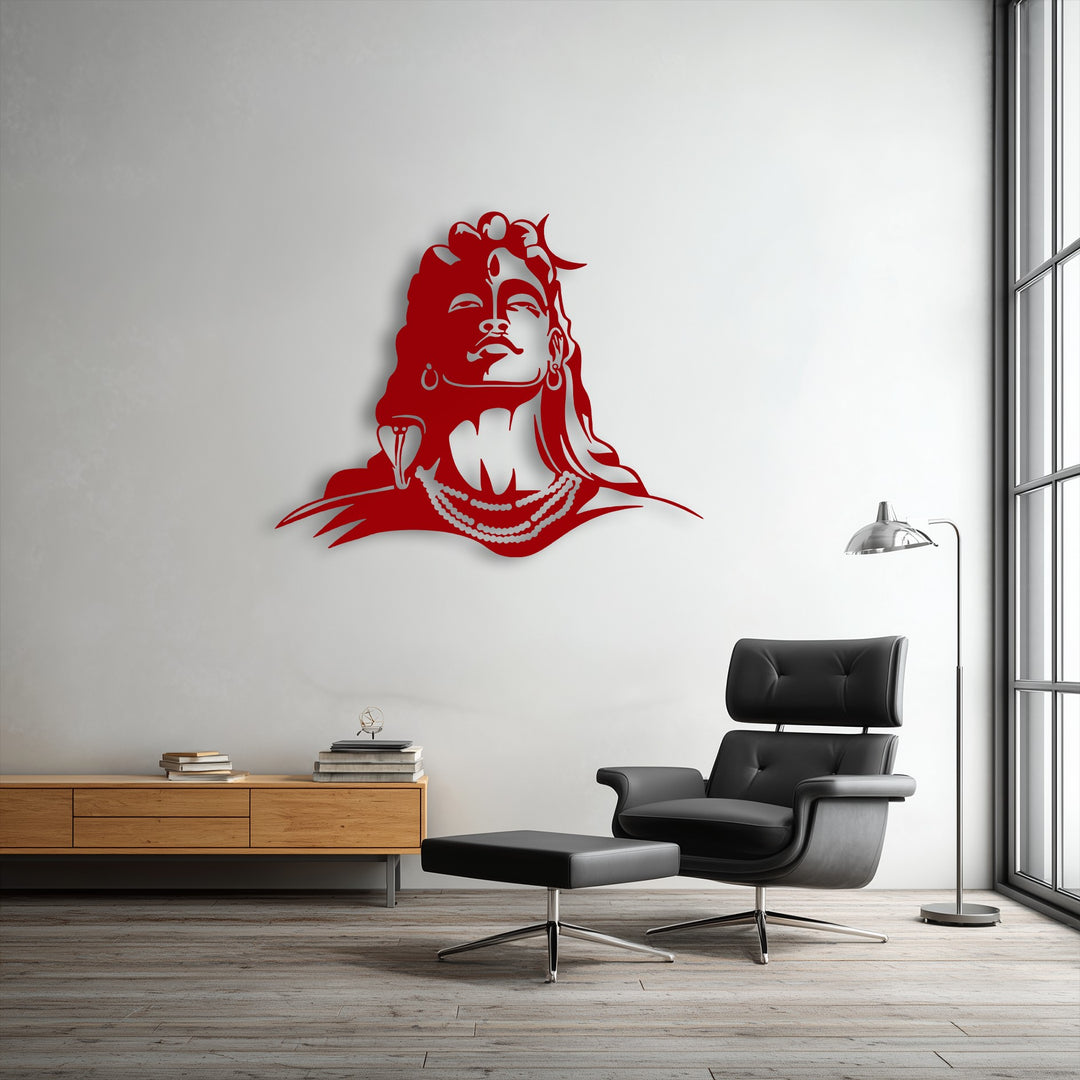 The intricate edges and smooth borders of the red Lord Shiva decorative metal art silhouette are sharply defined against the white wall.