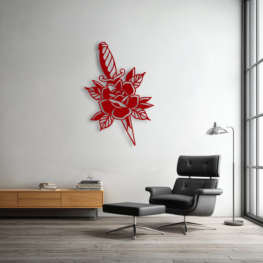 The realistic detail of the striking red Rose & Dagger Silhouette unique metal wall art is showcased with clear, intricate etched lines.