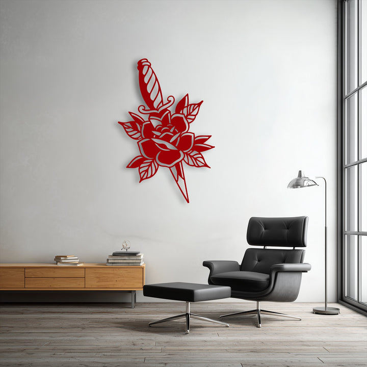 The realistic detail of the striking red Rose & Dagger Silhouette unique metal wall art is showcased with clear, intricate etched lines.