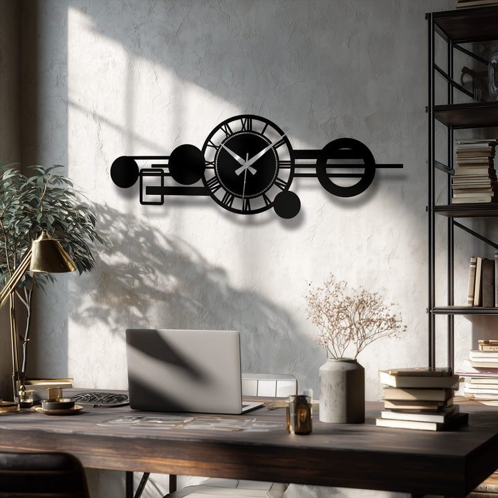 Noting the realistic detail, the modern Roman orbit metal wall clock showcases bold geometric decoration wall art, accented by its crisp, clean lines and contrasting textures.