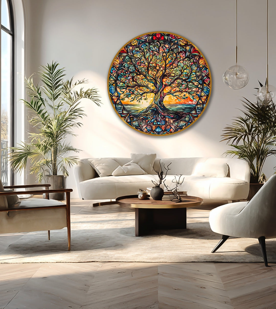 The abstract quality of this 'Radiant Harmony - Stained Glass Tree of Life Round Oil Painting' is visible in its bold, circular design, and unique oil painting art prints.