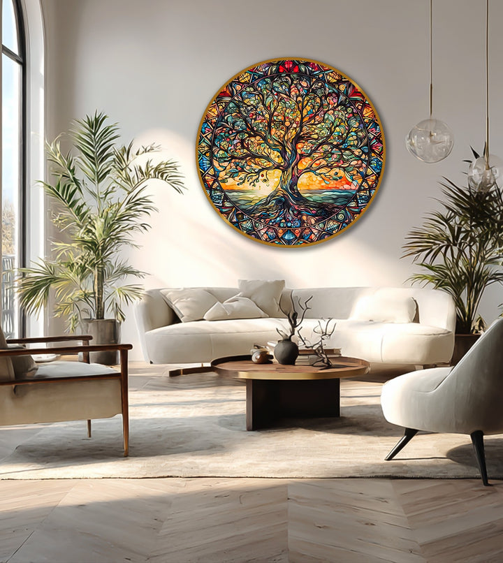 The abstract quality of this 'Radiant Harmony - Stained Glass Tree of Life Round Oil Painting' is visible in its bold, circular design, and unique oil painting art prints.