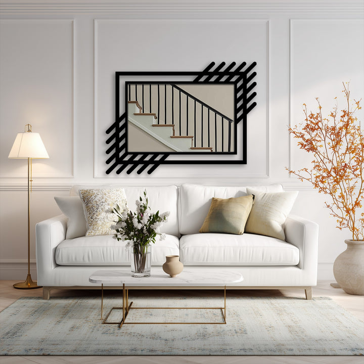 Visual rhythm in the abstract linear frame metal artwork is achieved through the repetitive lines forming a contemporary geometric accent design.