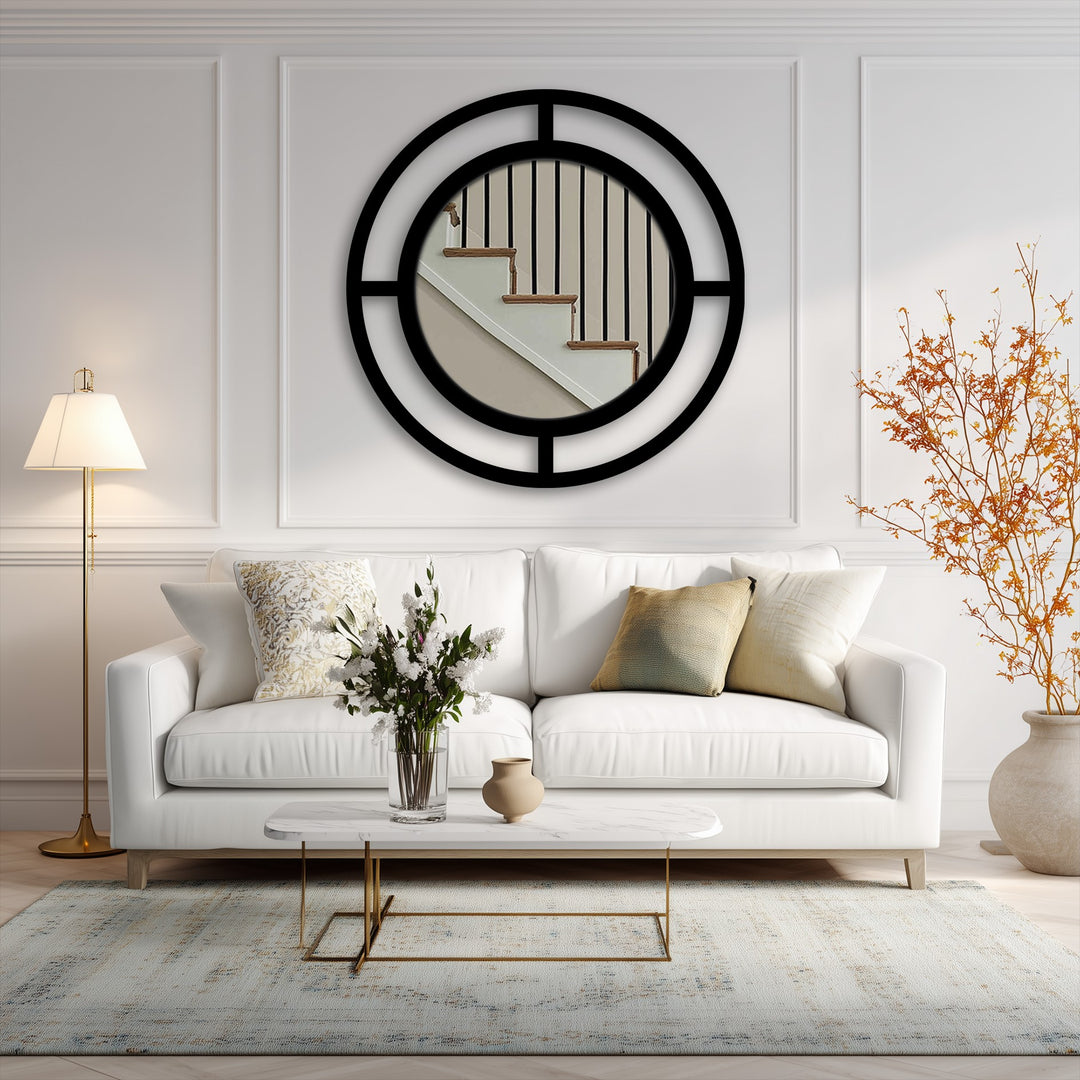 With low color saturation, the modern double ring mirror adds depth to the room, demonstrating the art of decorating with wall mirrors through its black frame.