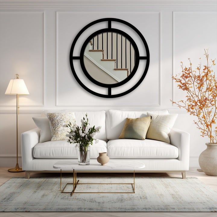 With low color saturation, the modern double ring mirror adds depth to the room, demonstrating the art of decorating with wall mirrors through its black frame.
