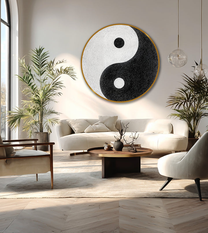 Displaying the realistic detail, this round minimalist Yin Yang evokes a serene sense of balance as a symbolic oil painting wall art accent piece.