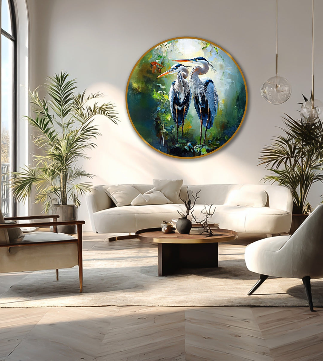 Depicting nature's elegance, the darkest area highlights a stunning oil painting art piece of a heron pair, creating a contrast in this twin grace scene.