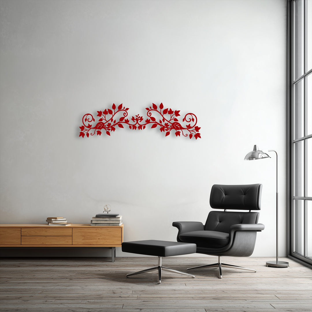 The crisp edges and intricate borders of the red floral vine decorative metal art reveal a captivating botanical scroll design.