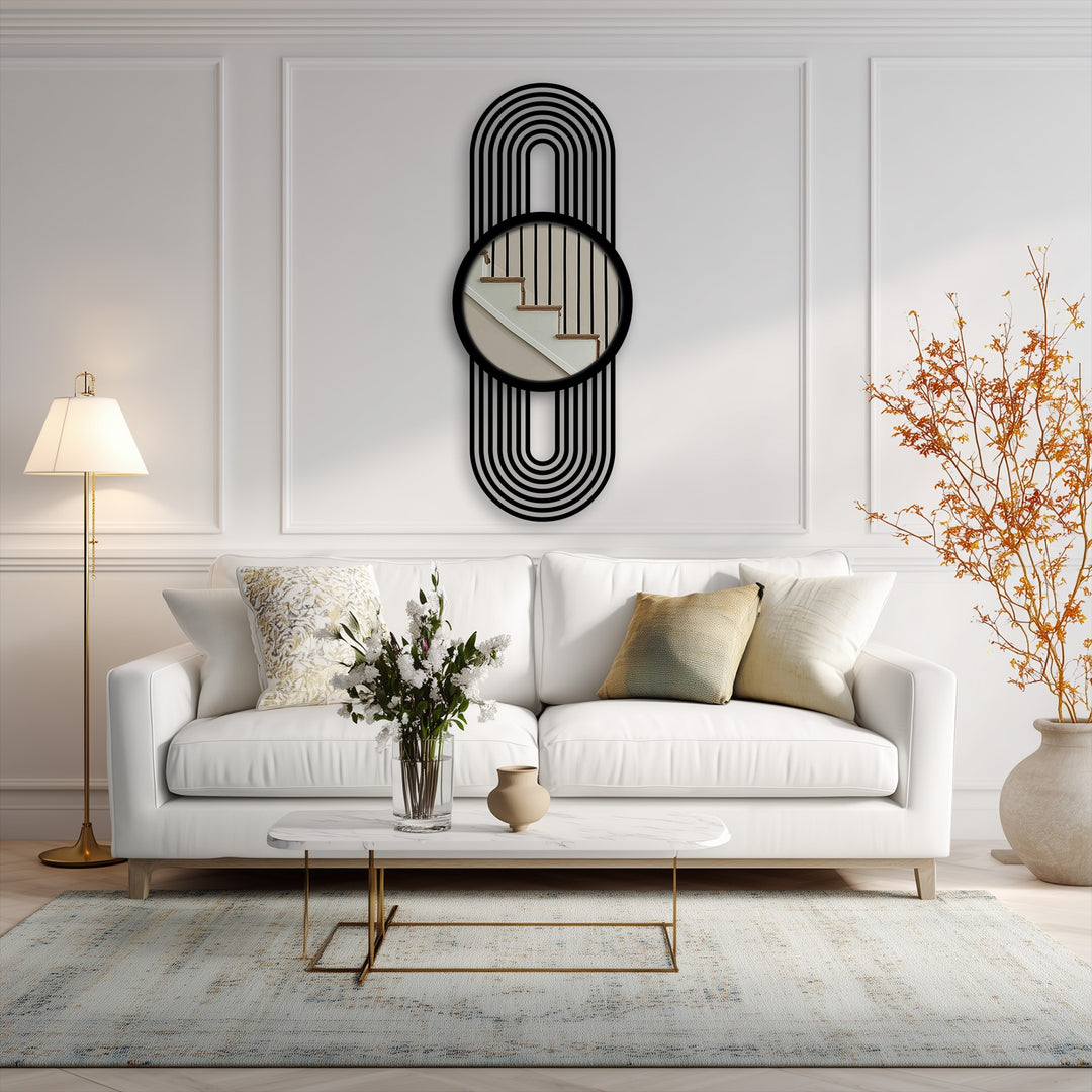 The textured area rug anchors the bright, modern living room, enhancing the stylish modern arch line floor mirror with black frame while decorating with wall mirrors.
