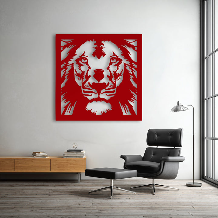 Experience the exceptional material quality of this bold geometric lion face metal artwork, featuring precise cuts and a striking finish.
