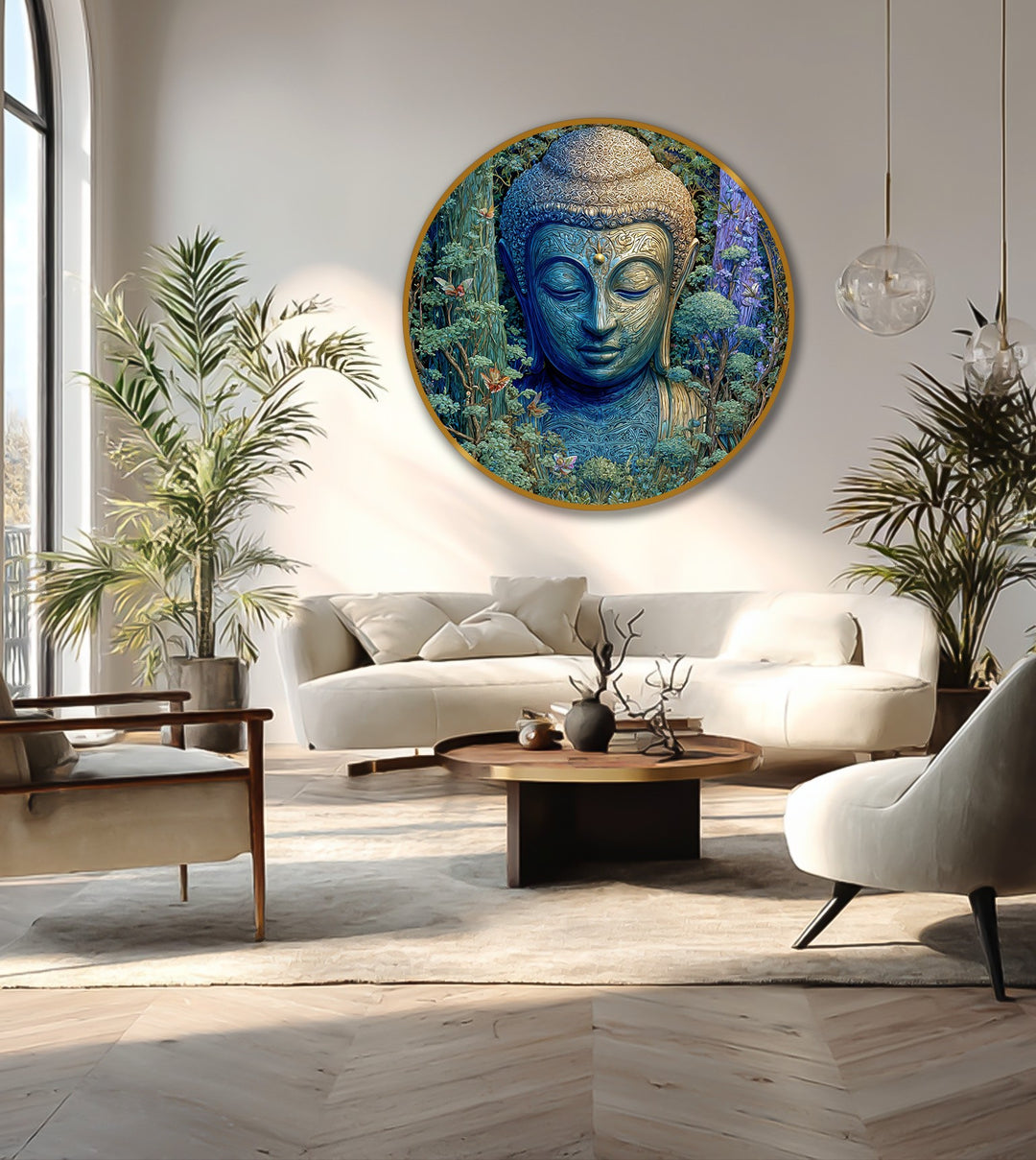 Negative space surrounds this round oil painting reproduction print of an emerald buddha framed by a stylized forest, creating a calming and spiritual focal point.