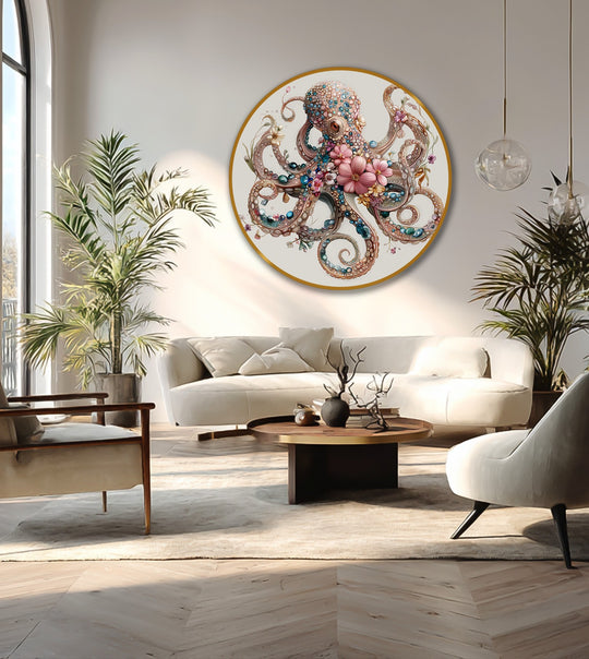 Inviting and serene, the floral jeweled octopus round oil painting wall art casts a tranquil and elegant mood over the stylish, sunlit living space.