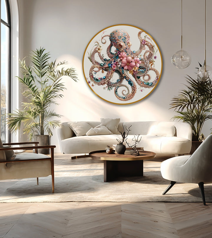 Inviting and serene, the floral jeweled octopus round oil painting wall art casts a tranquil and elegant mood over the stylish, sunlit living space.