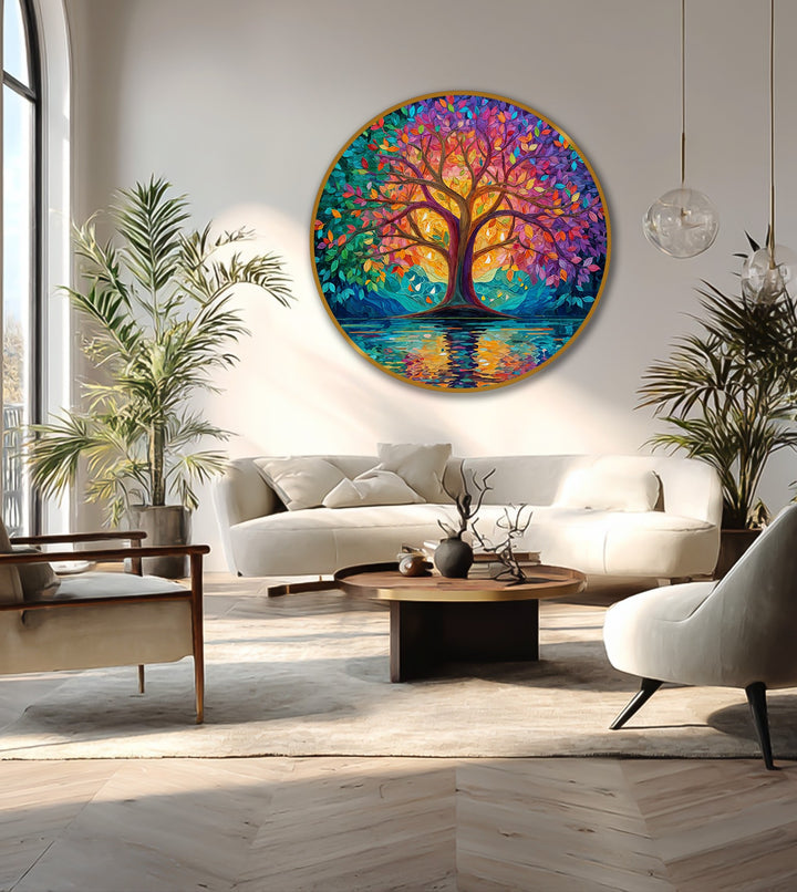Foreground shows the soft, neutral rug highlighting the warm wood coffee table amidst a seating arrangement beneath the radiant spectrum tree oil painting home decor.