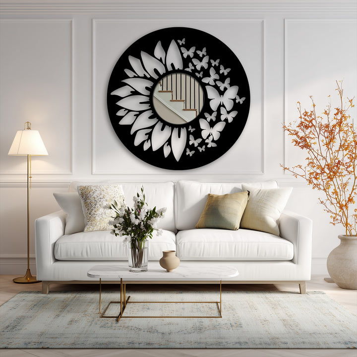 Softest in the room, the cozy white sofa enhances the butterfly bloom decorative mirror's reflection, a stylish and delicate touch.