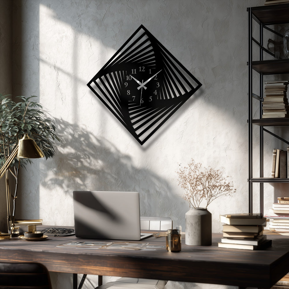 The sleek, matte black finish of this modern twisted square metal art for wall clock offers a sophisticated optical design.