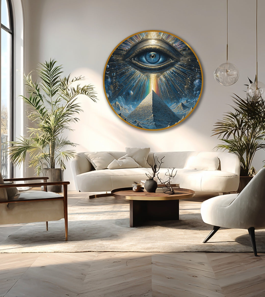 Glossy finish highlights the celestial vision in this round oil painting artwork featuring a mystical pyramid eye, a captivating piece of cosmic wall art.