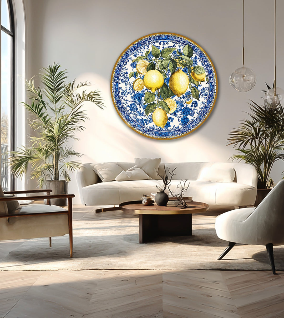 Subtle brushstrokes define the finish of this round lemon and blue floral oil painting, bringing a touch of modern oil painting art to Mediterranean-inspired décor.