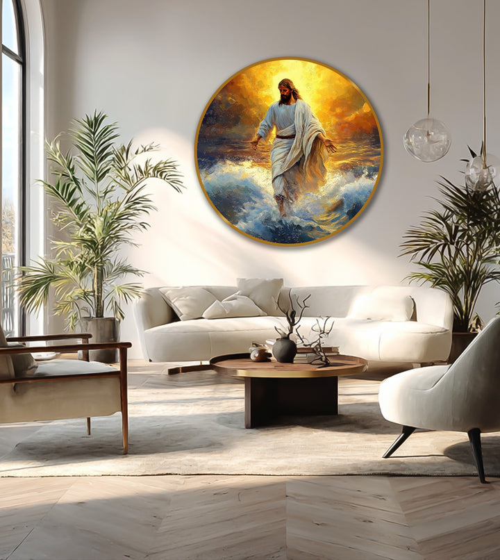 Round, horizontally-oriented oil painting decoration captures the divine light over the waves, depicting Jesus in a majestic faith oil painting with a radiant golden sky.