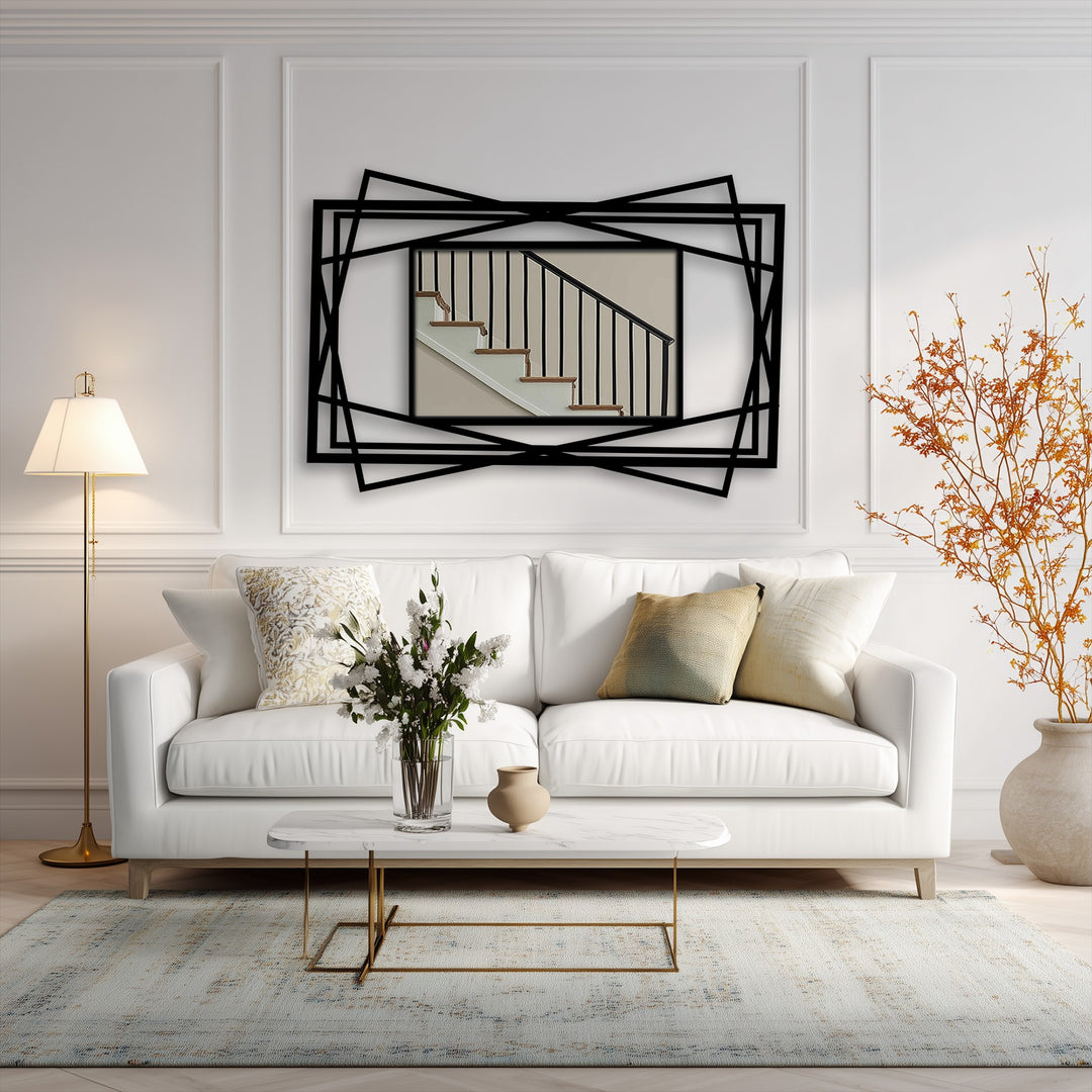 Highlighting the abstract quality, this layered geometric frame floor mirror presents a bold, black metal design as decorative metal art, creating a modern, structural statement.