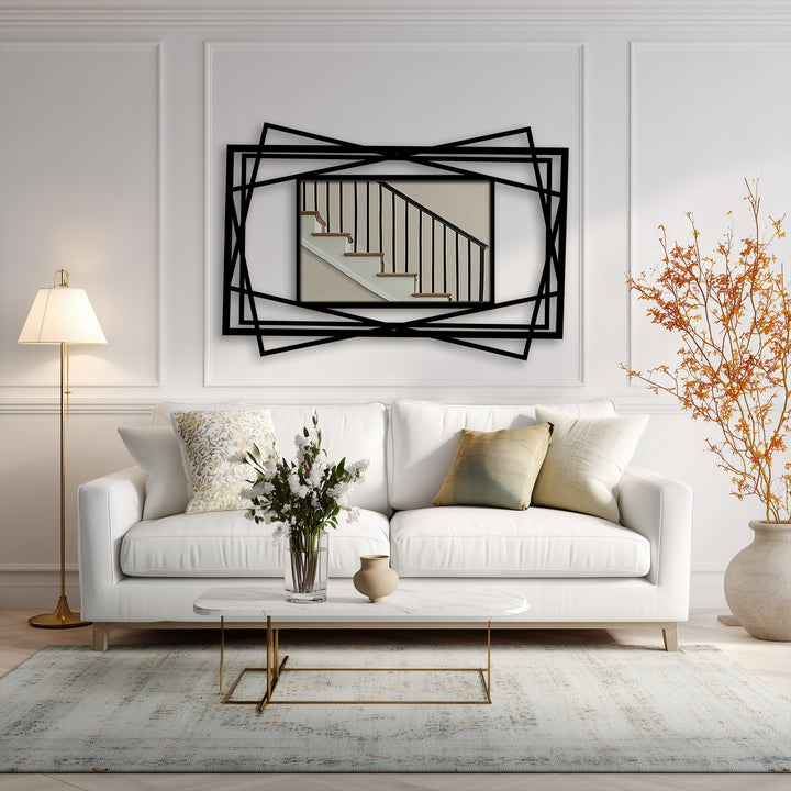 Highlighting the abstract quality, this layered geometric frame floor mirror presents a bold, black metal design as decorative metal art, creating a modern, structural statement.