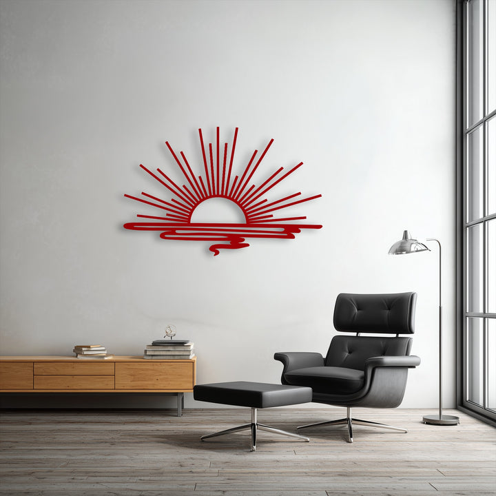 The superior material quality of this unique metal wall art showcases a striking minimalist sunrise with radiant rays and a subtle reflection.