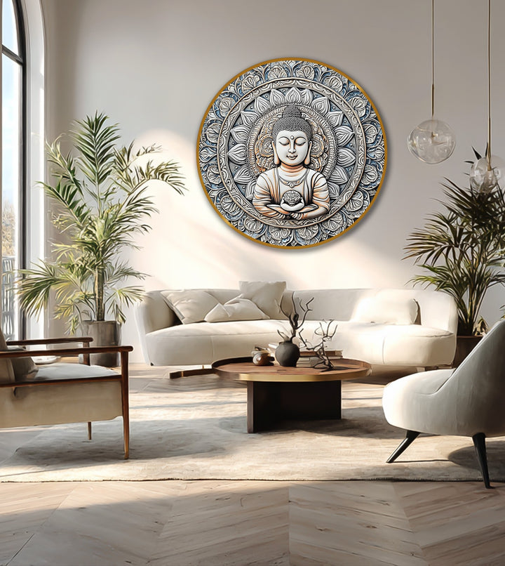 Ivory dominates in this sacred harmony mandala Buddha round oil painting home decor, featuring a serene spiritual design.