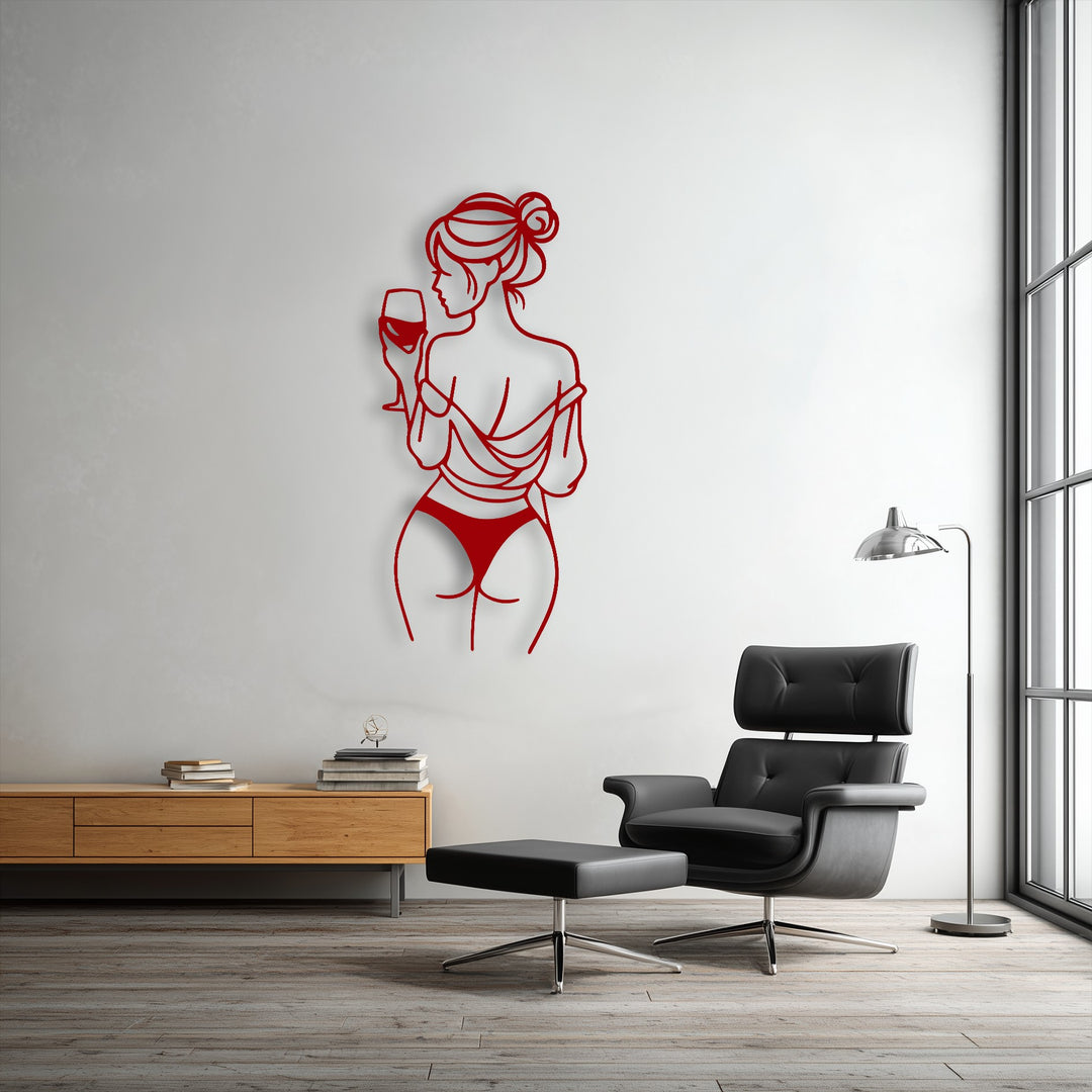 The realistic detail reveals the crisp, precise red metal lines of the elegant wine lady decoration wall art, casting shadows on the wall.