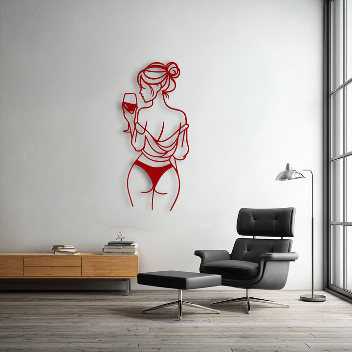 The realistic detail reveals the crisp, precise red metal lines of the elegant wine lady decoration wall art, casting shadows on the wall.