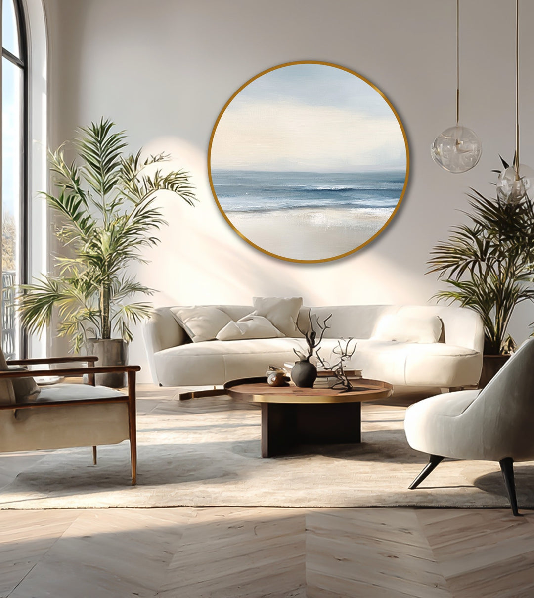 Highlighting the sand, the brightest area in the minimalist coastal round oil painting art captures the serene 'oil painting wall art' of the soft tide and sandy shore.