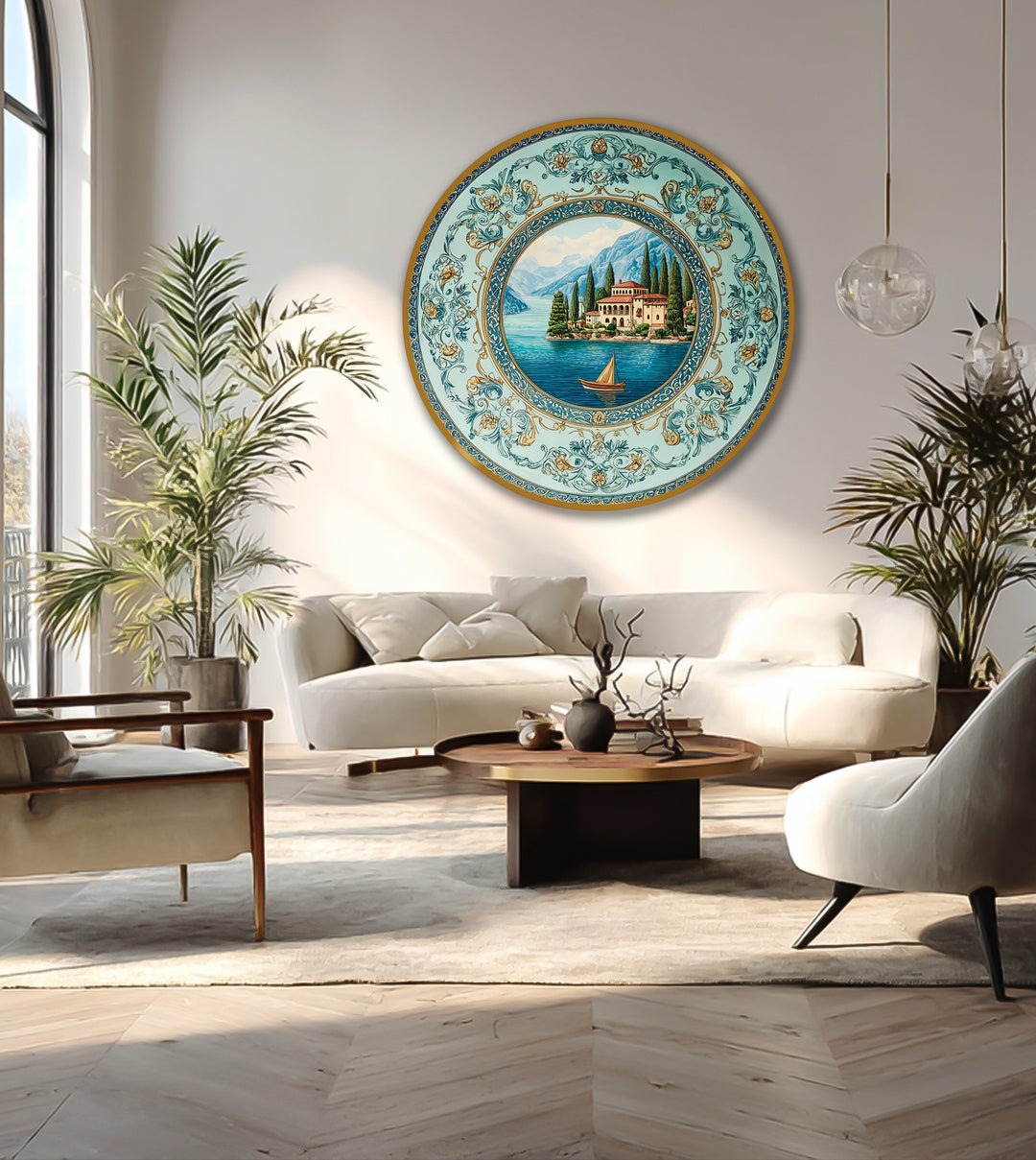 The ornate landscape round oil painting boasts a detailed, decorative border that enhances its Mediterranean villa scene, a beautiful piece of oil painting wall art.
