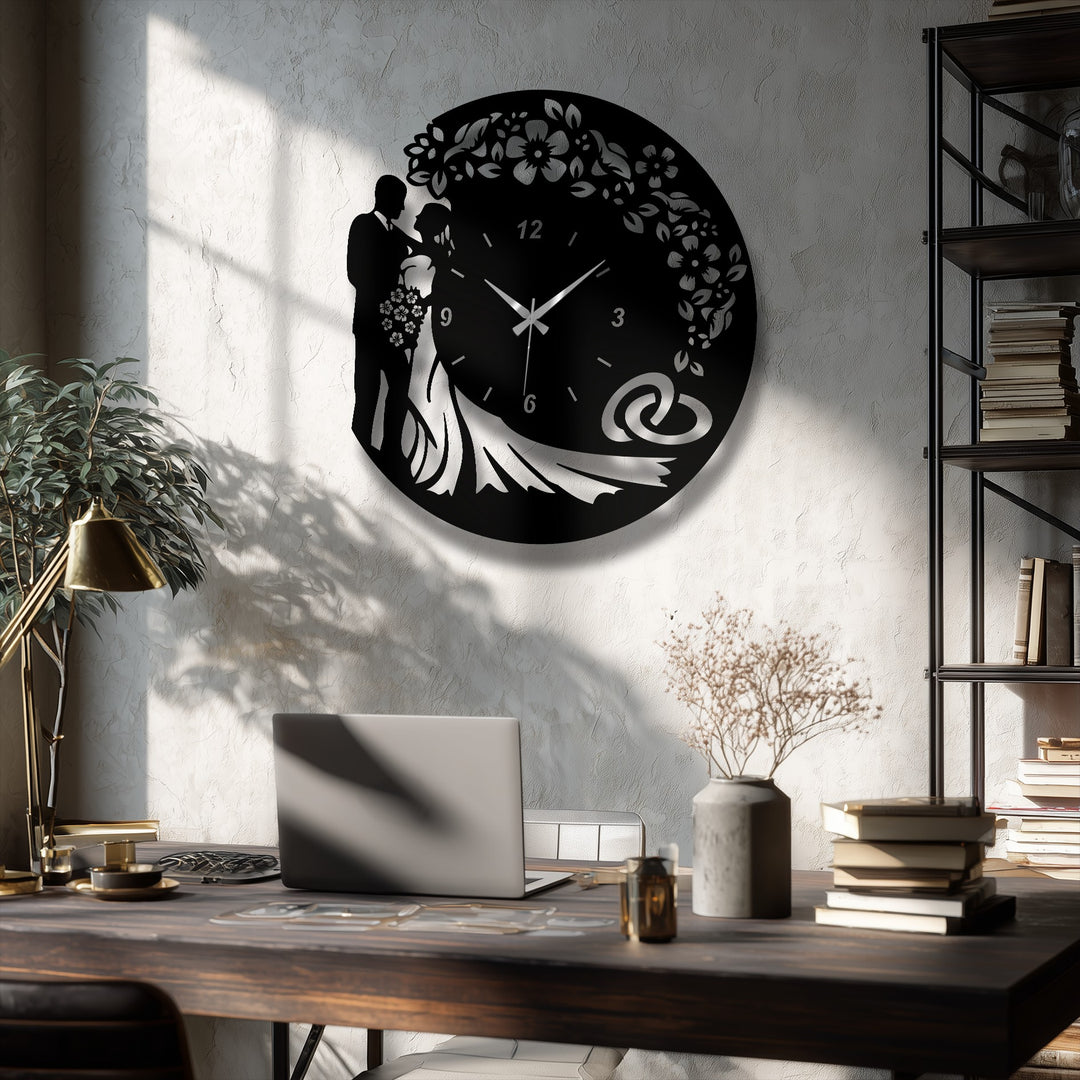 The sun-drenched, textured wall provides a vibrant backdrop for the unique metal wall art featuring a romantic wedding silhouette metal clock.