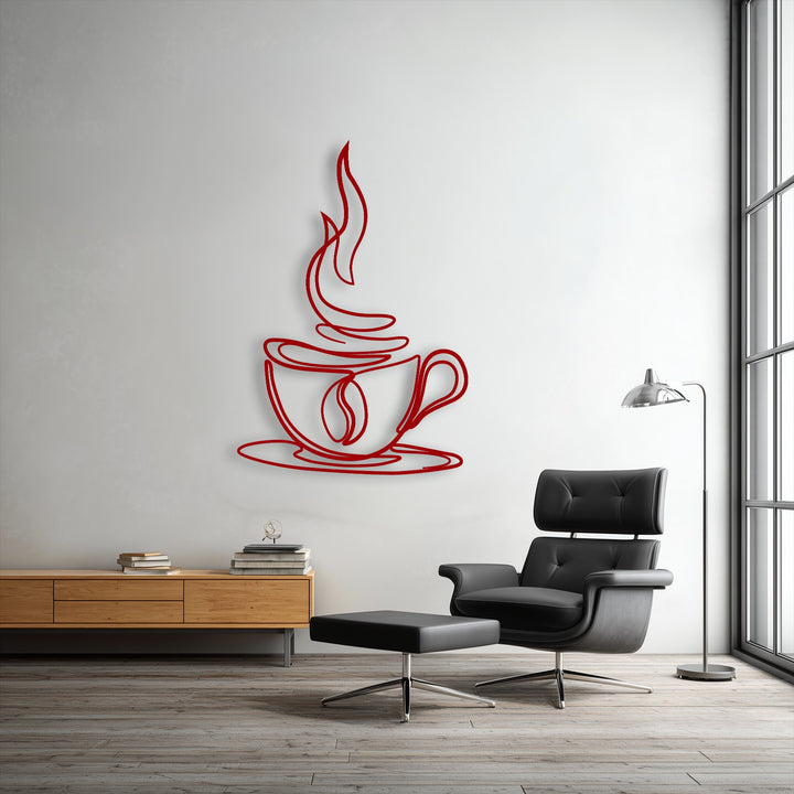 Subtly textured white walls and rich wood flooring complement the bold, smooth finish of the unique metal wall art featuring a coffee cup line art.