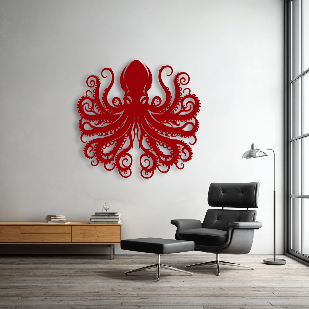The abstract quality of the striking red octopus decorative metal art features swirling, detailed tentacles on a bright wall.