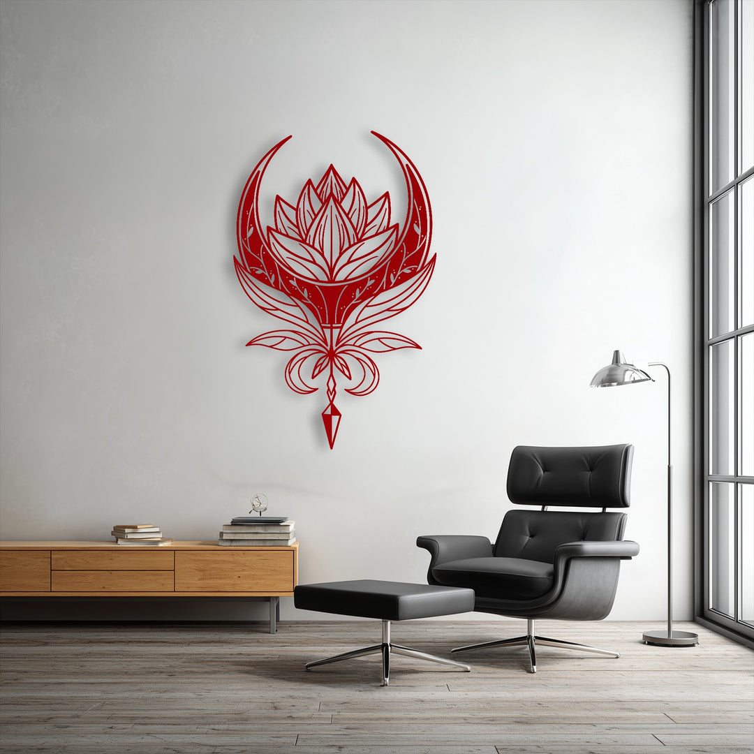 The stillness of the room is complemented by the elegant red Celestial Lotus Emblem decorative metal art, creating a serene focal point.